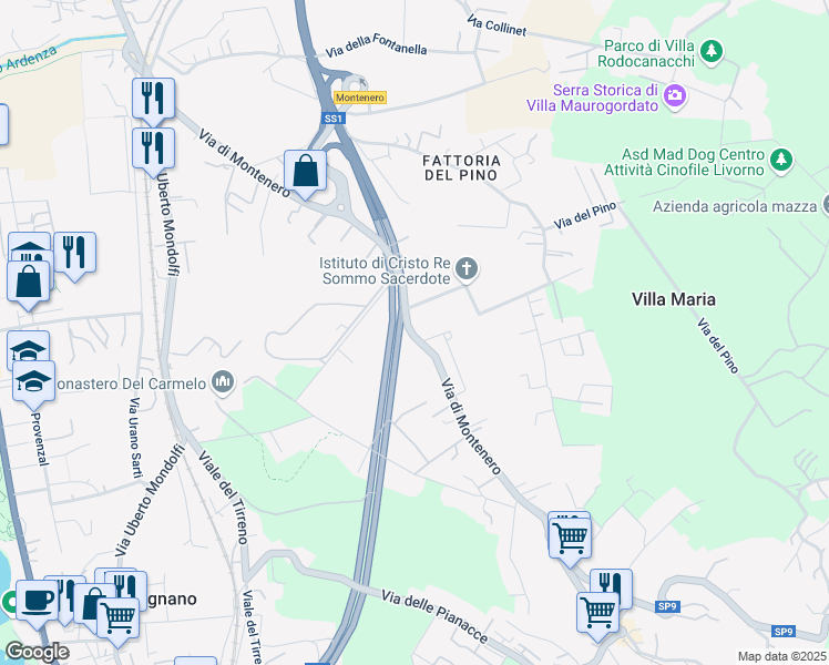 map of restaurants, bars, coffee shops, grocery stores, and more near 73 Via di Montenero in Livorno