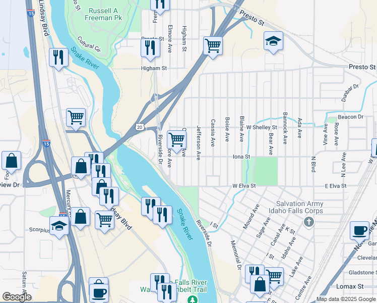 map of restaurants, bars, coffee shops, grocery stores, and more near 1030 Canyon Avenue in Idaho Falls