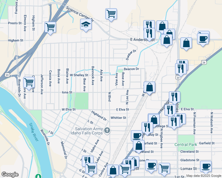map of restaurants, bars, coffee shops, grocery stores, and more near 105 Sunset Drive in Idaho Falls