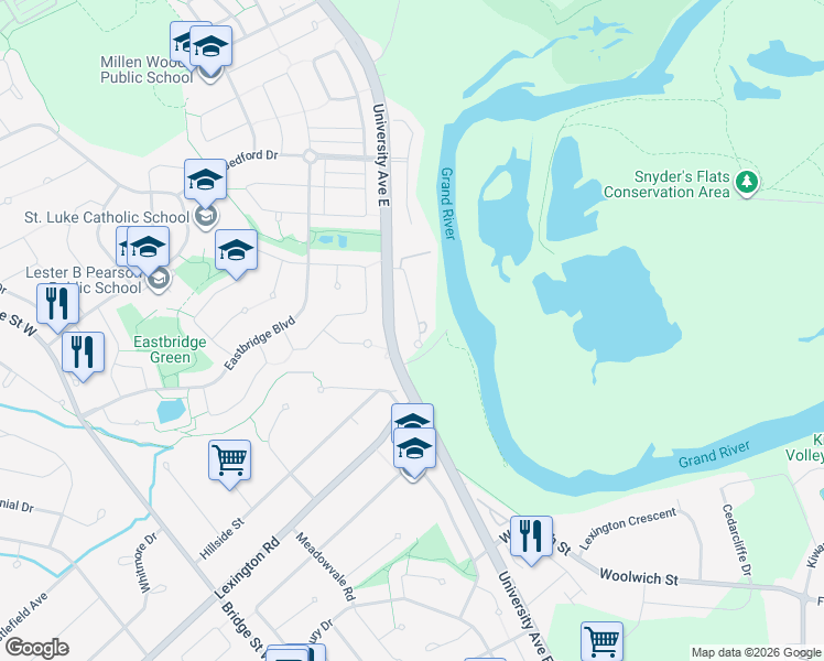map of restaurants, bars, coffee shops, grocery stores, and more near 547 Woolwich Place in Waterloo