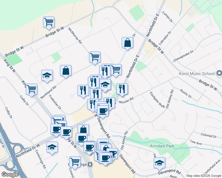 map of restaurants, bars, coffee shops, grocery stores, and more near in Waterloo