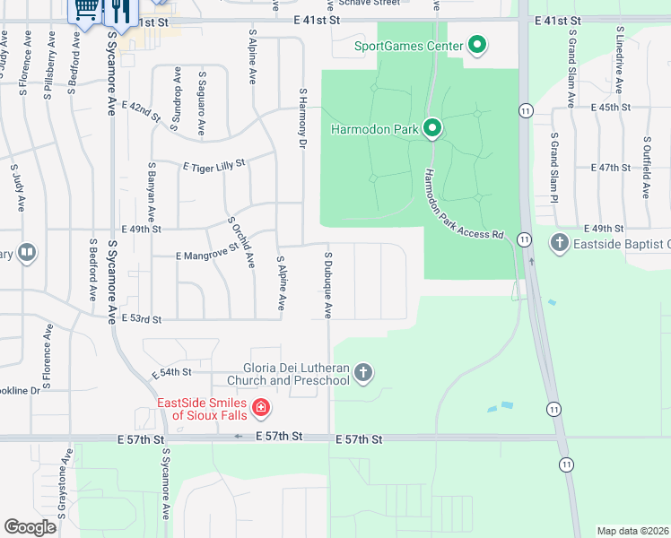 map of restaurants, bars, coffee shops, grocery stores, and more near 4100 South Sycamore Avenue in Sioux Falls