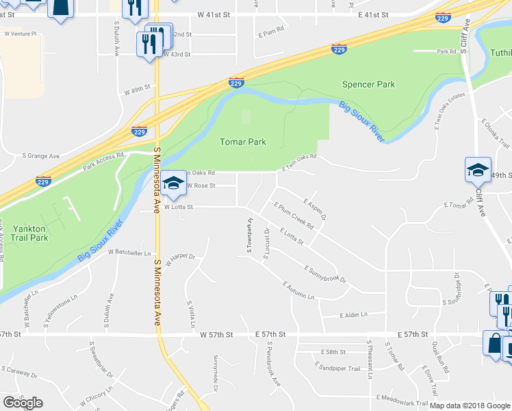 map of restaurants, bars, coffee shops, grocery stores, and more near 200 East Lotta Street in Sioux Falls