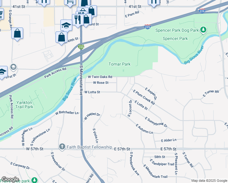 map of restaurants, bars, coffee shops, grocery stores, and more near 103 East Lotta Street in Sioux Falls