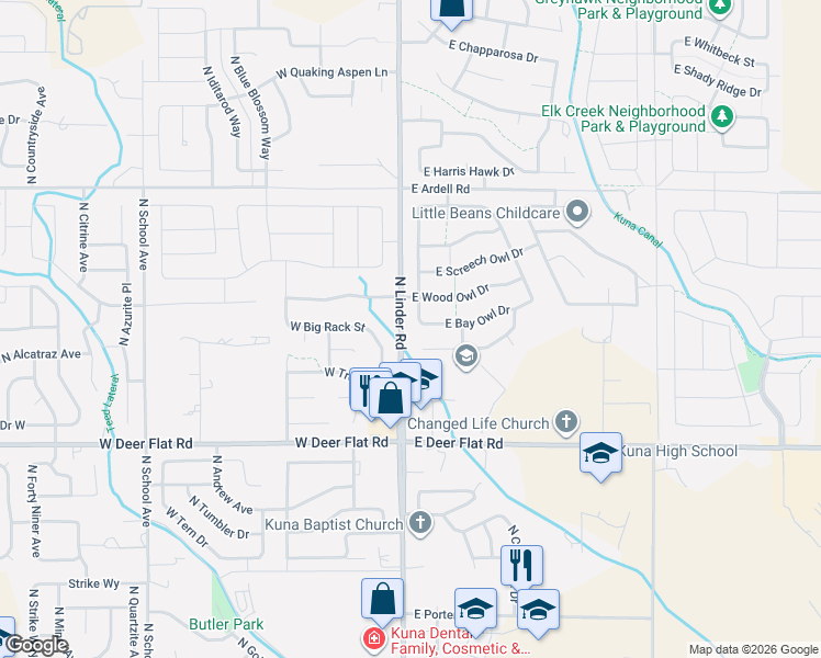map of restaurants, bars, coffee shops, grocery stores, and more near 1805 North Sparrow Hawk Avenue in Kuna