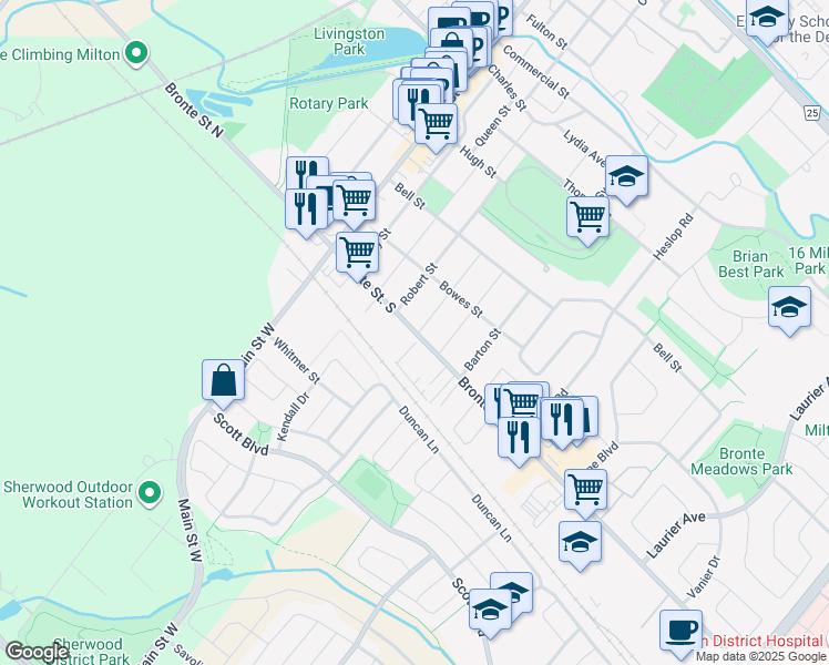 map of restaurants, bars, coffee shops, grocery stores, and more near 114 Bronte Street South in Milton