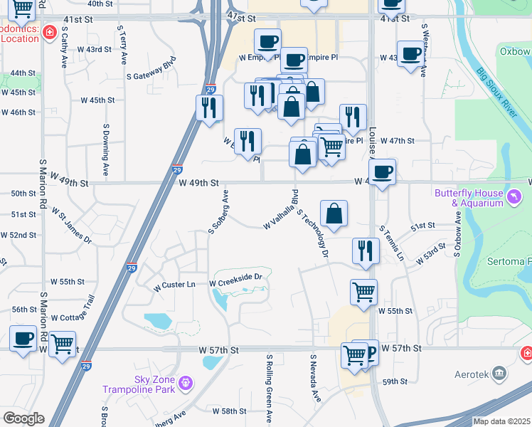map of restaurants, bars, coffee shops, grocery stores, and more near 4100 West Valhalla Boulevard in Sioux Falls