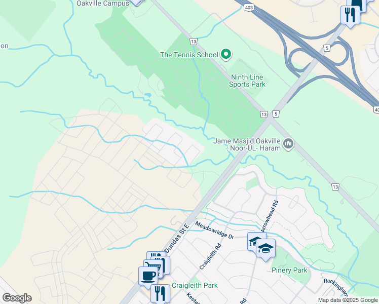 map of restaurants, bars, coffee shops, grocery stores, and more near 1467 Everest Crescent in Oakville