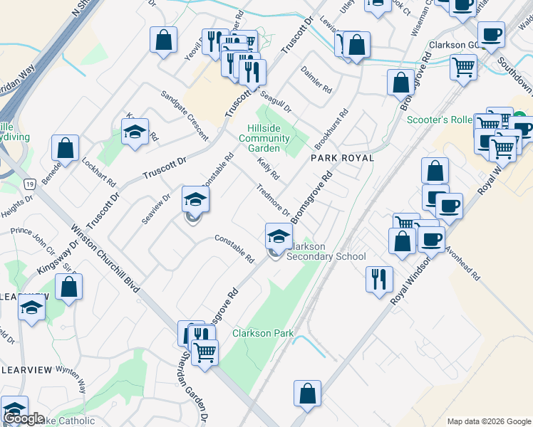 map of restaurants, bars, coffee shops, grocery stores, and more near 2525 Selord Court in Mississauga