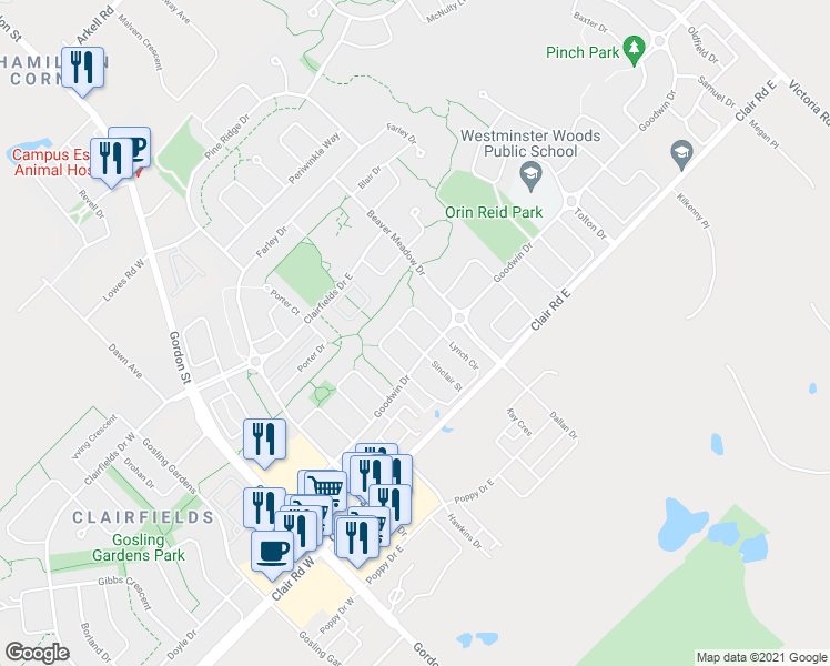 map of restaurants, bars, coffee shops, grocery stores, and more near 10 Sinclair Street in Guelph
