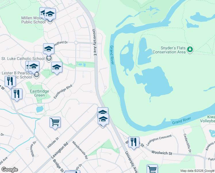 map of restaurants, bars, coffee shops, grocery stores, and more near 547 Woolwich Place in Waterloo