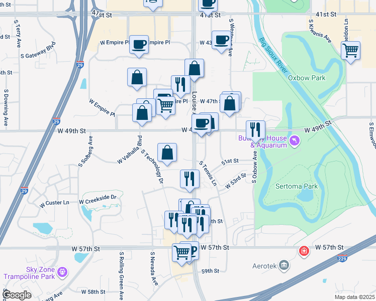 map of restaurants, bars, coffee shops, grocery stores, and more near 4305 West Brooks Place in Sioux Falls