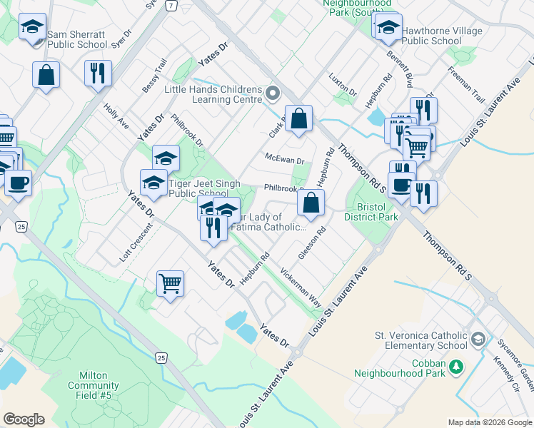 map of restaurants, bars, coffee shops, grocery stores, and more near 916 Burgess Gardens in Milton