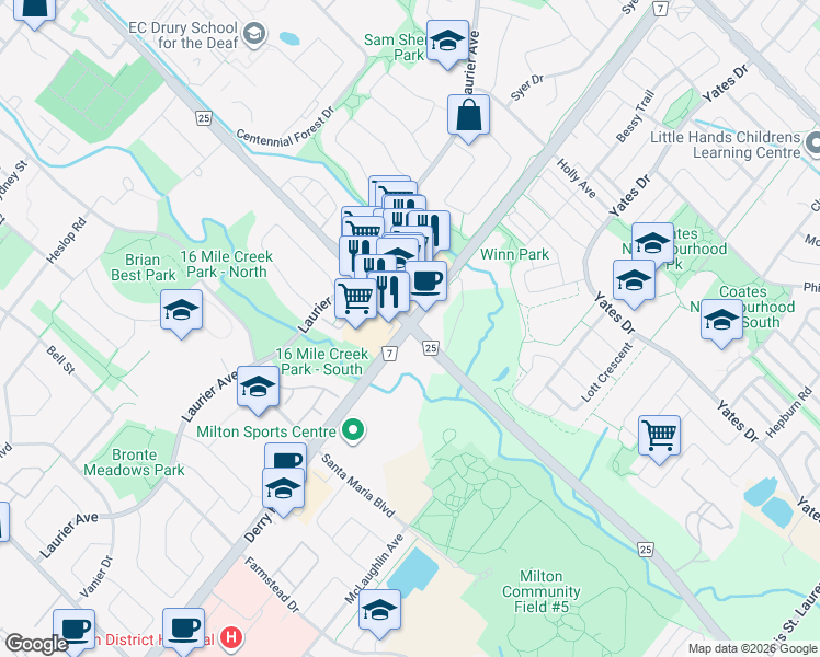 map of restaurants, bars, coffee shops, grocery stores, and more near in Milton