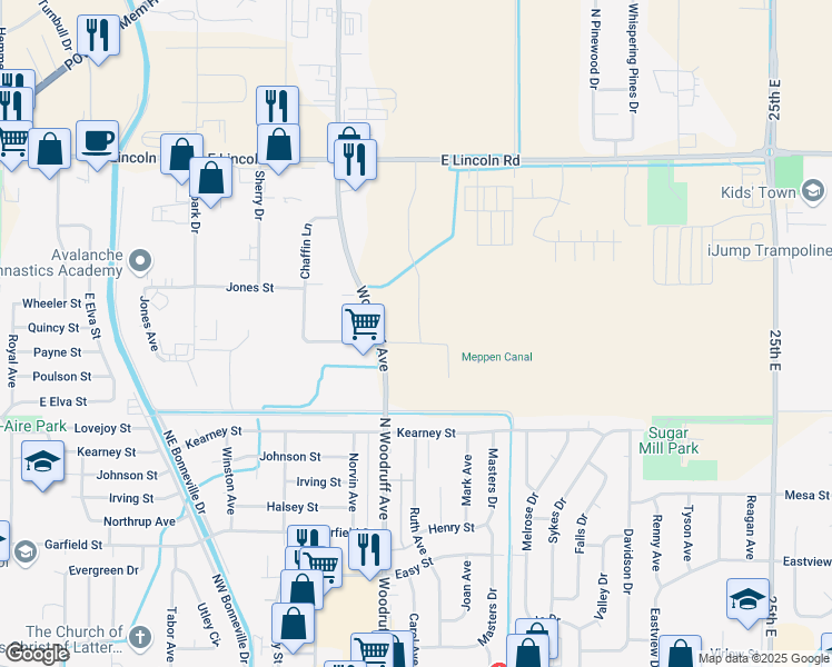 map of restaurants, bars, coffee shops, grocery stores, and more near 833-847 North Woodruff Avenue in Idaho Falls