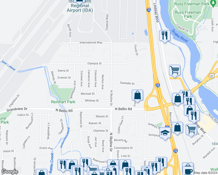 map of restaurants, bars, coffee shops, grocery stores, and more near 1107 North Skyline Drive in Idaho Falls