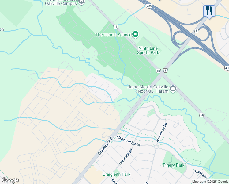 map of restaurants, bars, coffee shops, grocery stores, and more near 1429 Dundas Street East in Oakville