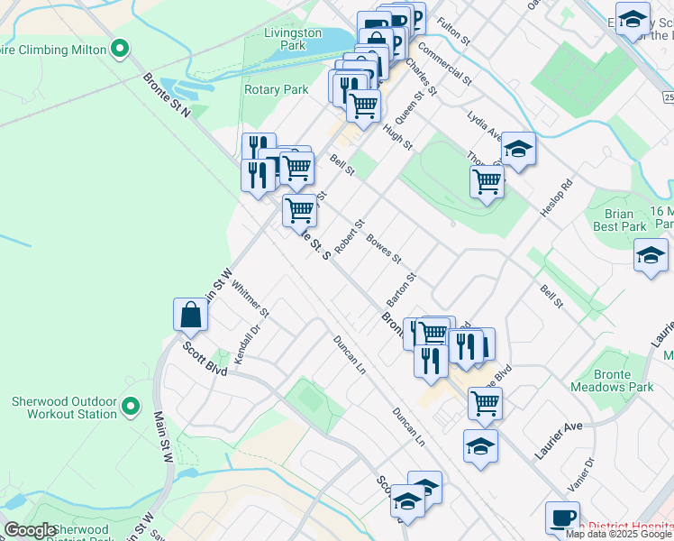 map of restaurants, bars, coffee shops, grocery stores, and more near 114 Bronte Street South in Milton