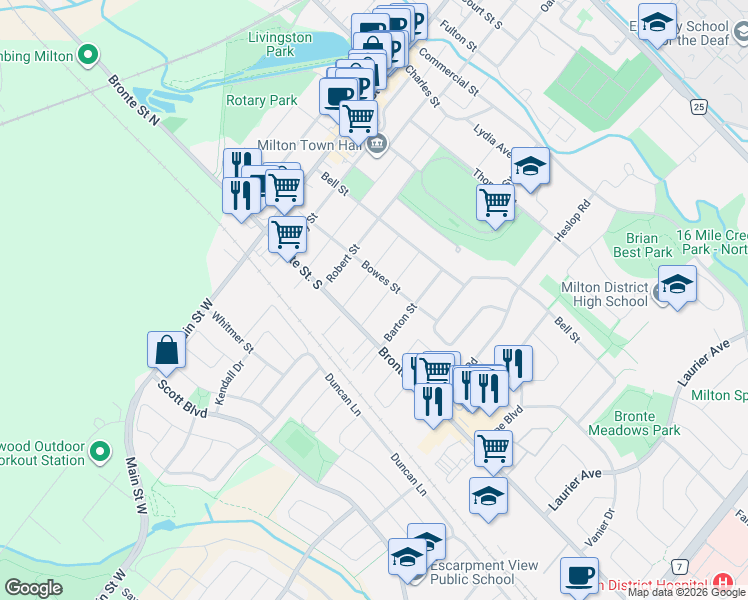 map of restaurants, bars, coffee shops, grocery stores, and more near 33 Miles Street in Milton