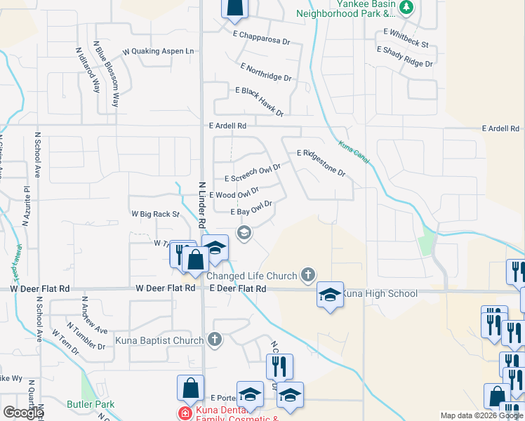 map of restaurants, bars, coffee shops, grocery stores, and more near 340 East Scops Owl Drive in Kuna