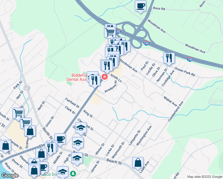 map of restaurants, bars, coffee shops, grocery stores, and more near 3 Academy Avenue in Saco