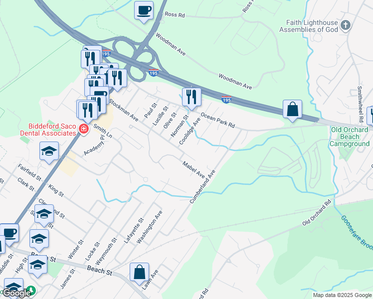 map of restaurants, bars, coffee shops, grocery stores, and more near 103 Pine Ledge Terrace in Saco