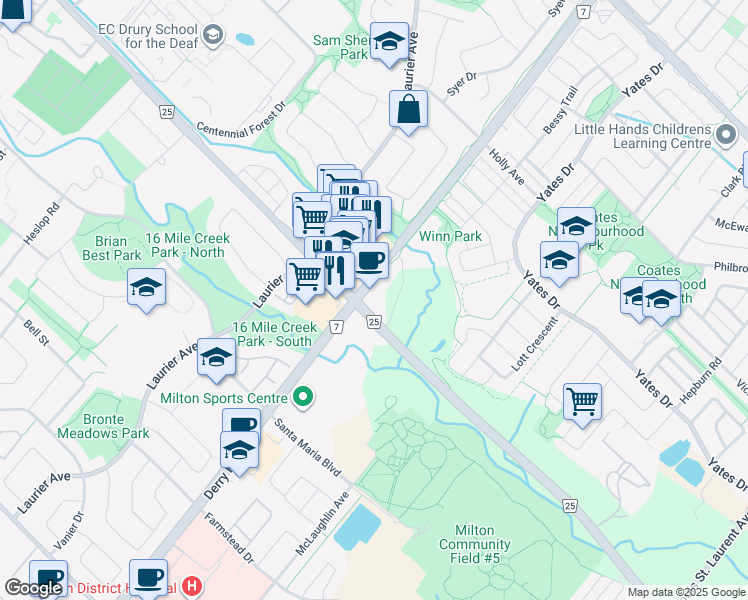 map of restaurants, bars, coffee shops, grocery stores, and more near 6756 Regional Road 25 in Milton