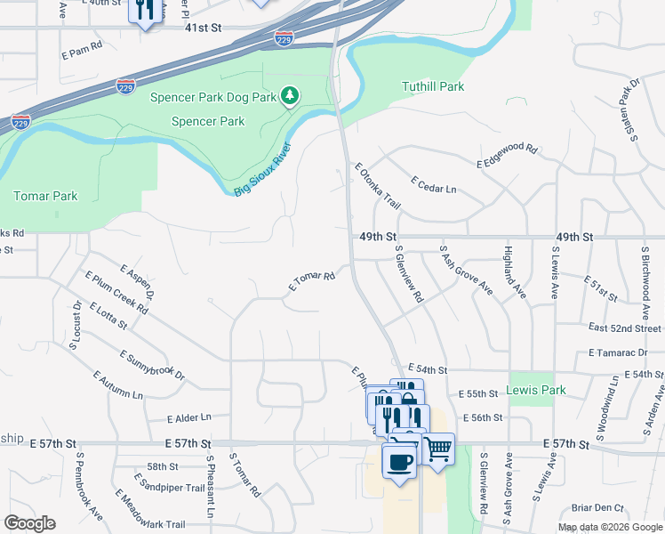 map of restaurants, bars, coffee shops, grocery stores, and more near 1200 East Tomar Road in Sioux Falls