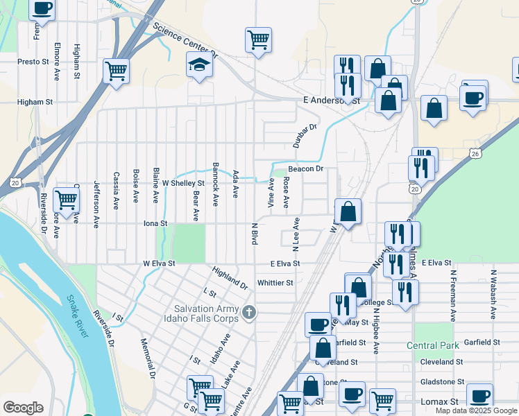 map of restaurants, bars, coffee shops, grocery stores, and more near 105 Sunset Drive in Idaho Falls