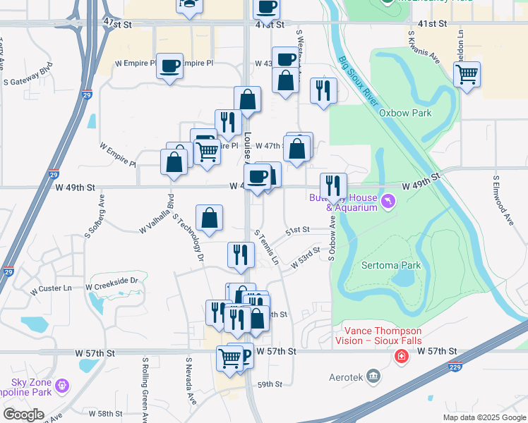map of restaurants, bars, coffee shops, grocery stores, and more near 4304 South Arway Drive in Sioux Falls
