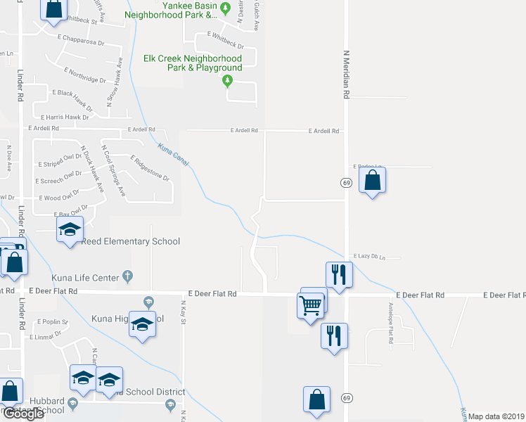 map of restaurants, bars, coffee shops, grocery stores, and more near 1925 North Meridian Road in Kuna