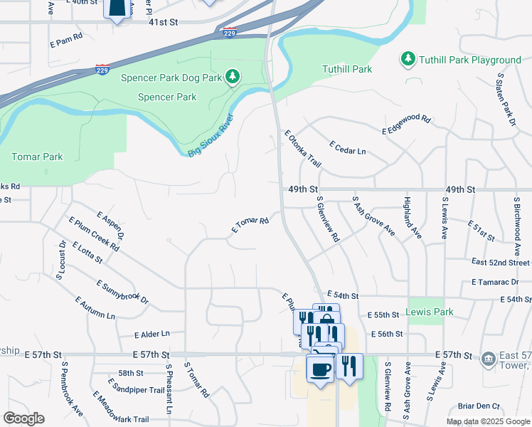 map of restaurants, bars, coffee shops, grocery stores, and more near 1200 East Tomar Road in Sioux Falls