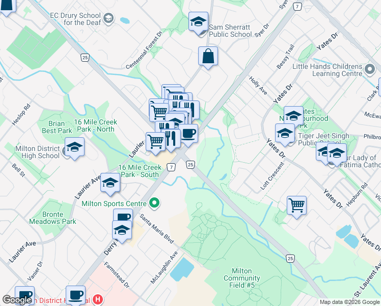 map of restaurants, bars, coffee shops, grocery stores, and more near 6756 Regional Road 25 in Milton