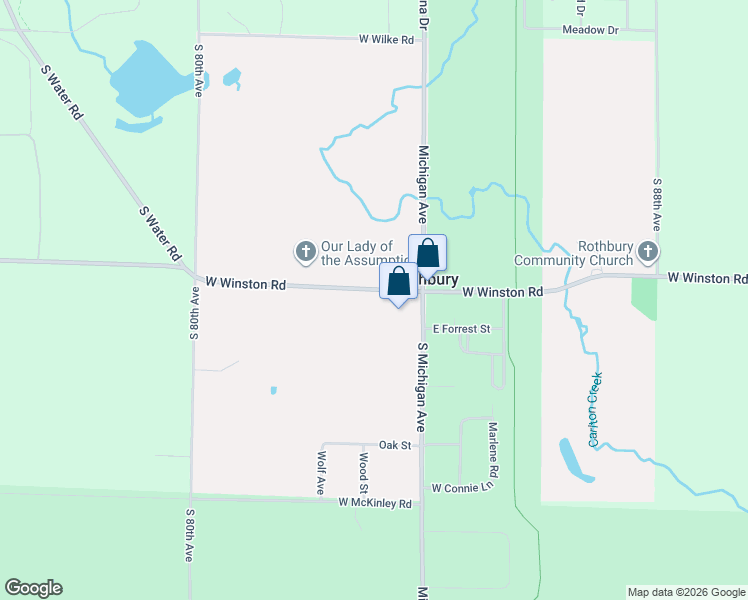 map of restaurants, bars, coffee shops, grocery stores, and more near 2919 West Winston Road in Rothbury
