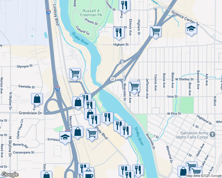 map of restaurants, bars, coffee shops, grocery stores, and more near Idaho Falls Greenbelt Trail in Idaho Falls