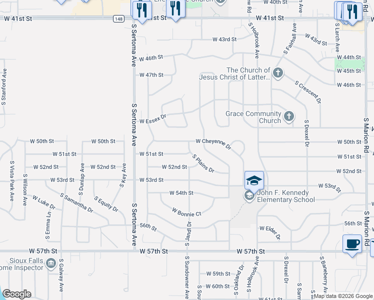 map of restaurants, bars, coffee shops, grocery stores, and more near 6513 West 51st Street in Sioux Falls
