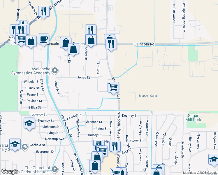 map of restaurants, bars, coffee shops, grocery stores, and more near 1175 North Woodruff Avenue in Idaho Falls