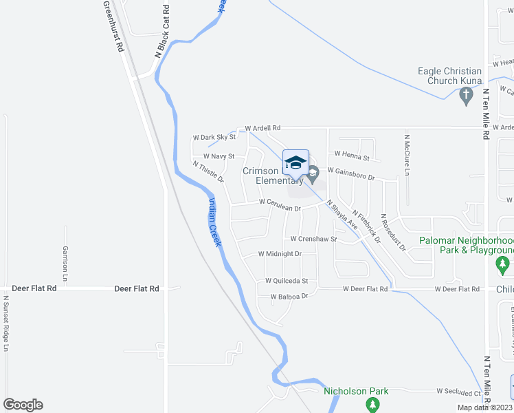 map of restaurants, bars, coffee shops, grocery stores, and more near 2605 West Cerulean Drive in Kuna