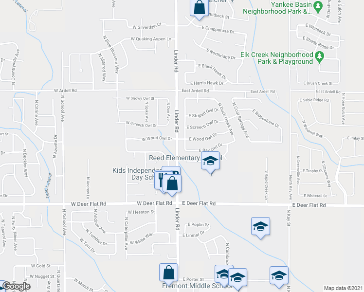 map of restaurants, bars, coffee shops, grocery stores, and more near 1837 North Sparrow Hawk Avenue in Kuna