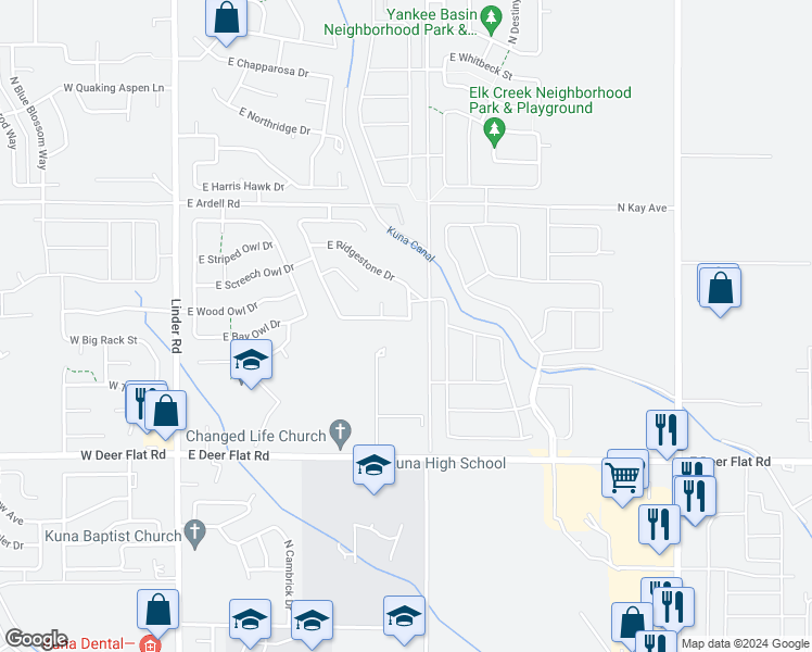 map of restaurants, bars, coffee shops, grocery stores, and more near 737 East Sienna Creek Street in Kuna