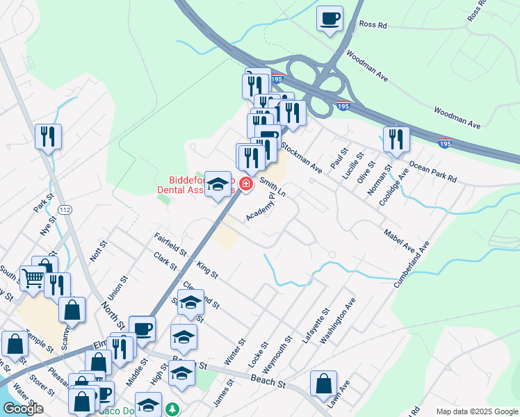 map of restaurants, bars, coffee shops, grocery stores, and more near 3 Academy Avenue in Saco