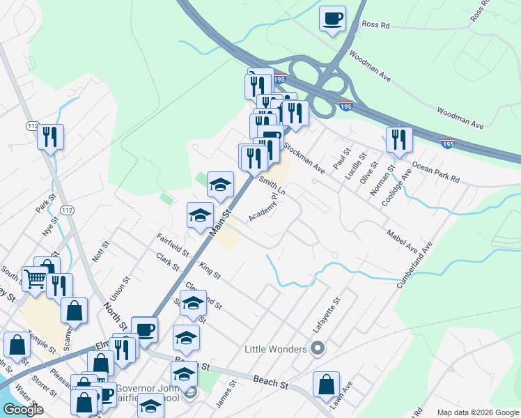 map of restaurants, bars, coffee shops, grocery stores, and more near 3 Academy Avenue in Saco