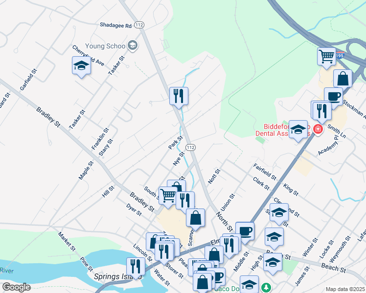 map of restaurants, bars, coffee shops, grocery stores, and more near 166 North Street in Saco