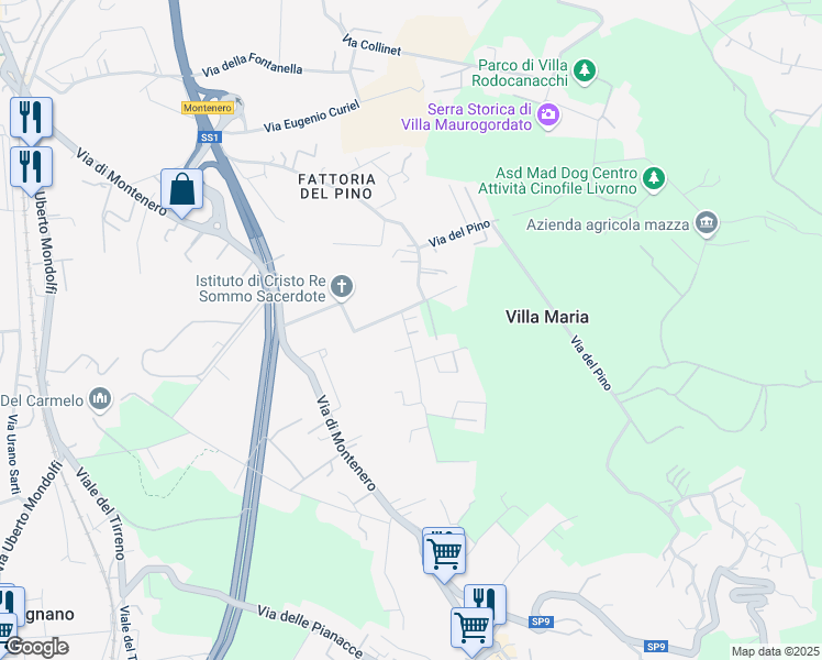 map of restaurants, bars, coffee shops, grocery stores, and more near 19 Via della Prugnoliccia in Livorno