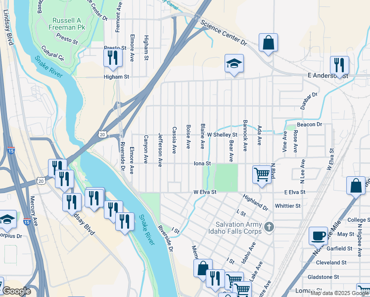 map of restaurants, bars, coffee shops, grocery stores, and more near 635 West Shelley Street in Idaho Falls