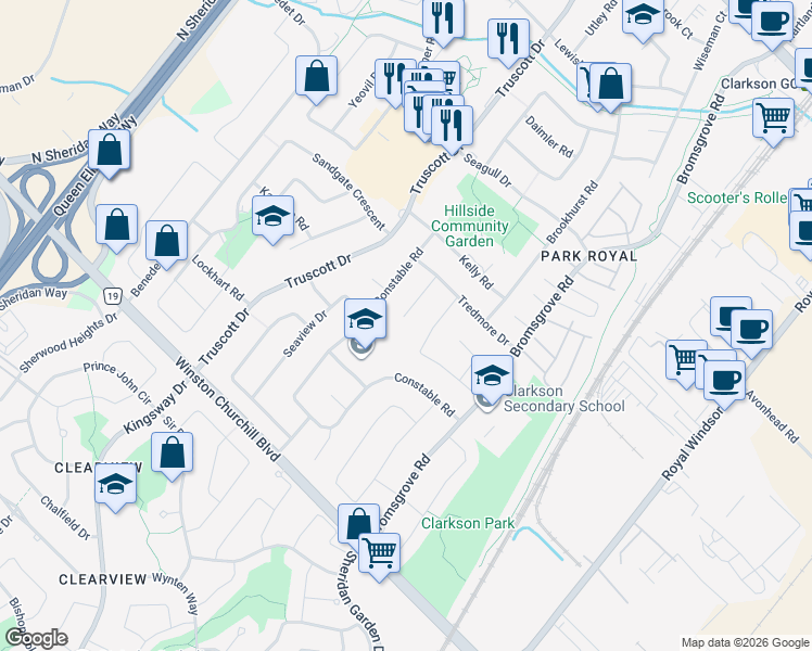 map of restaurants, bars, coffee shops, grocery stores, and more near 2574 Constable Road in Mississauga