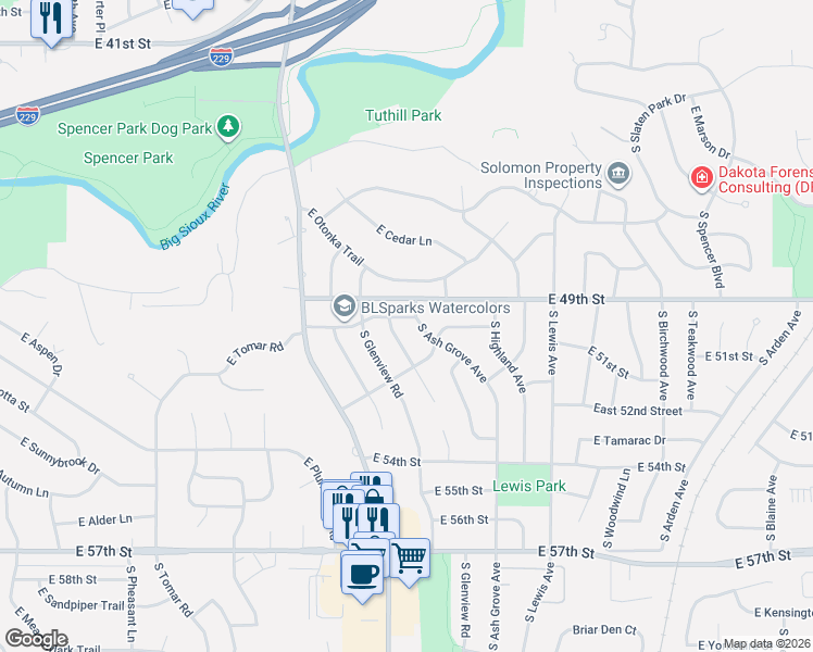 map of restaurants, bars, coffee shops, grocery stores, and more near 1528 East 49th Street in Sioux Falls