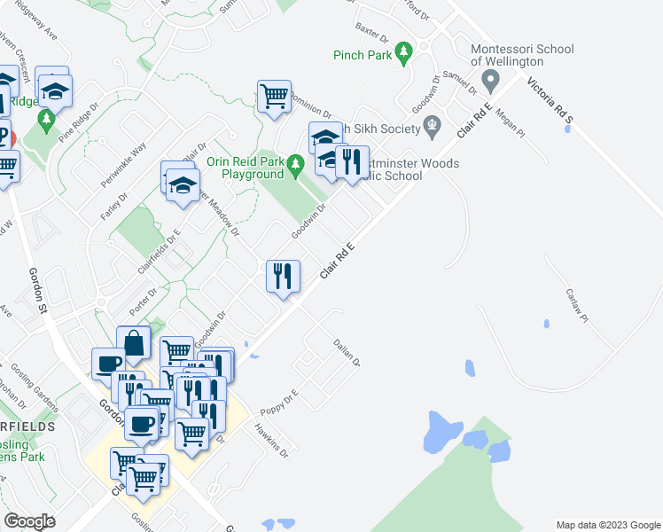 map of restaurants, bars, coffee shops, grocery stores, and more near Clair Road East in Guelph
