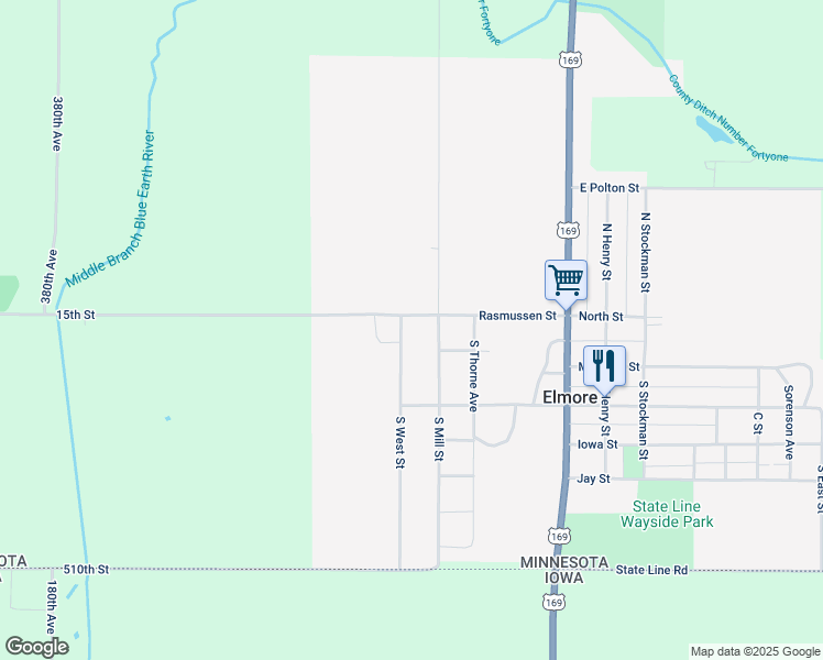 map of restaurants, bars, coffee shops, grocery stores, and more near 101 North Mill Street in Elmore
