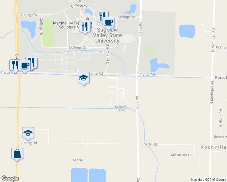 map of restaurants, bars, coffee shops, grocery stores, and more near 2207 Pierce Rd in Saginaw Charter Township